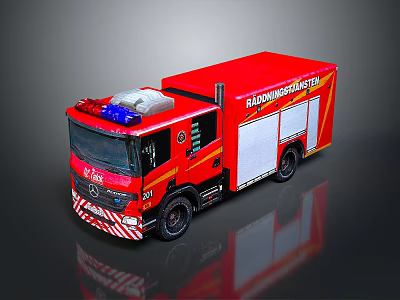 Red Fire Truck Model With Mercedes Benz Logo Emergency Lights And White Doors 3d model