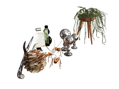 Chic Decorative Ornament Set Including Glass Globes Metal Figurines And Hanging Green Plant 3d model