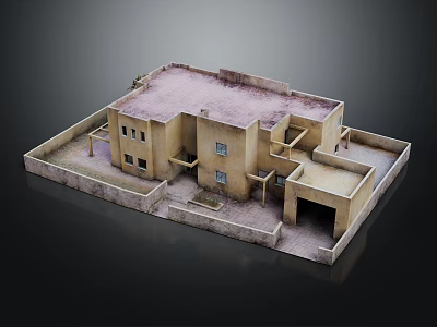 Traditional Earth-Toned Residential Building With Walled Compound Flat Roof Windows And Doorways 3d model