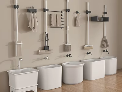 Bathroom Accessories Wall Mounted Racks With Towels Cleaning Tools And White Basins 3d model