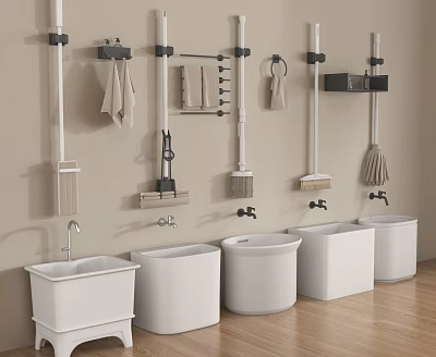 Bathroom Accessories Wall Mounted Racks With Towels Cleaning Tools And White Basins 3d model