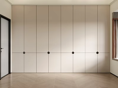 Minimalist Light Toned Bedroom With Built in Wardrobe And Herringbone Wooden Floor 3d model