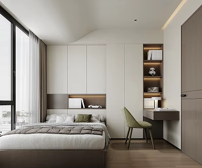 Modern Tatami Bedroom Interior Design With Storage Cabinets Desk Chair And Window Curtains 3d model