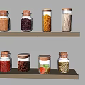 Spice Jars with Different Spices Stored on Wall Mounted Wooden Shelves