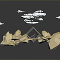 Low Poly Yellow Geometric Scene with Mountainous Terrain Small House White Clouds Dark Background Reflections