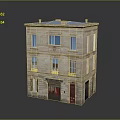 Three Story Brick Building with Classic Windows Red Door and Blue Roof