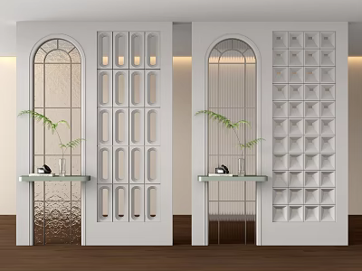 White Decorative Room Dividers With Arch Top Grid Design And Glass Panels 3d model