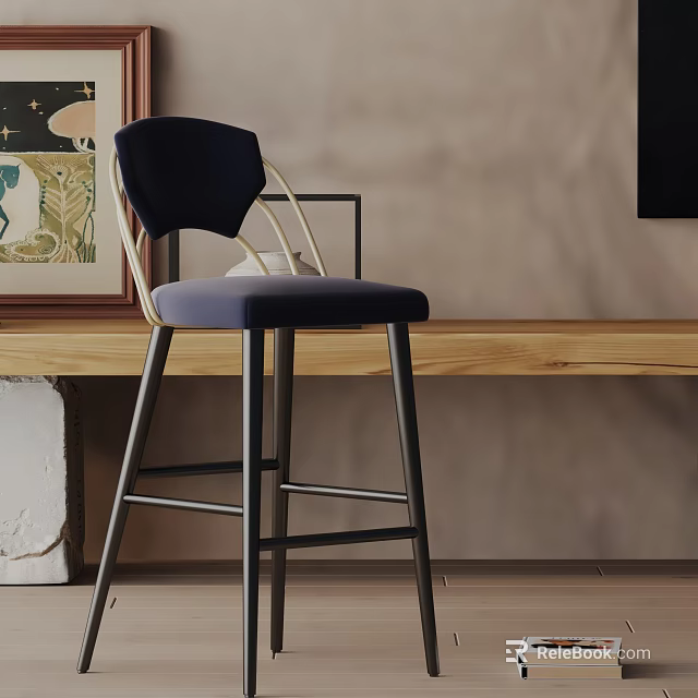 Navy Blue Velvet Bar Stool With Modern Backrest And Metal Legs By Wooden Countertop 3d model 