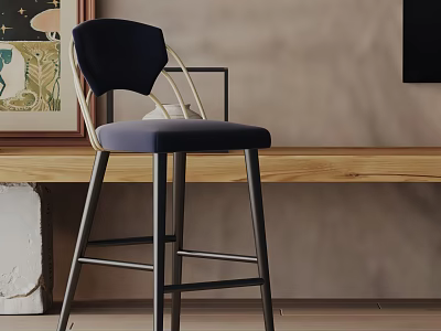 Navy Blue Velvet Bar Stool With Modern Backrest And Metal Legs By Wooden Countertop 3d model