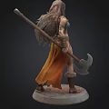Fantasy Female Warrior Statue With Axe Spear And Fur Trimmed Armor
