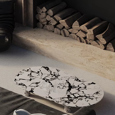 Sofa and Coffee Table Set Featuring White Black Cracked Marble Top and Wooden Firewood Decor 3d model