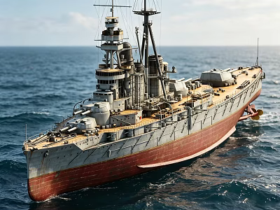 Vintage Battleship With Red And Gray Hull Sailing On Blue Ocean Waves 3d model
