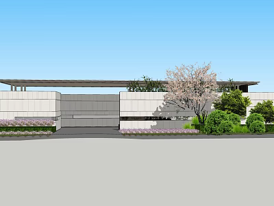 Modern Entrance Gate With Roof Surrounded By Cherry Blossom Tree Shrubs And Flower Beds 3d model