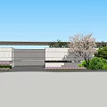 Modern Entrance Gate With Roof Surrounded By Cherry Blossom Tree Shrubs And Flower Beds