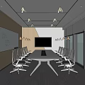 Modern Conference Room With Long Meeting Table White Chairs Whiteboard Large Screen And City View