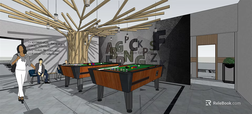 Modern Cyber Cafe Interior With Pool Tables Wooden Decorative Structures and Letter Wall Art 3d model 