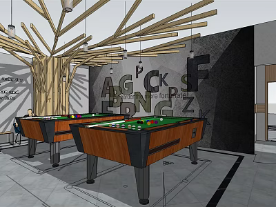 Modern Cyber Cafe Interior With Pool Tables Wooden Decorative Structures and Letter Wall Art 3d model
