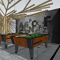 Modern Cyber Cafe Interior With Pool Tables Wooden Decorative Structures and Letter Wall Art