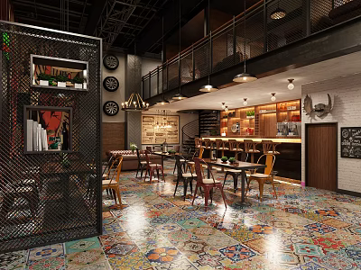Vibrant Bar Interior Featuring Colorful Tiled Floor Pendant Lights Tables And Chairs 3d model
