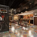 Vibrant Bar Interior Featuring Colorful Tiled Floor Pendant Lights Tables And Chairs