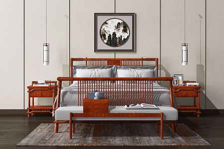 New Chinese Background Double Bed Solid Wood Double Bed 3d model