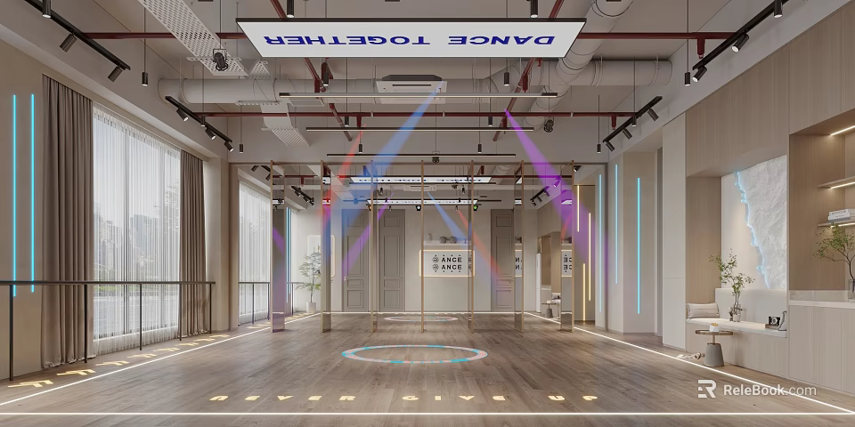 Spacious Dance Together Fitness Studio With Wooden Floor And Modern Lighting For Workout Classes 3d model 