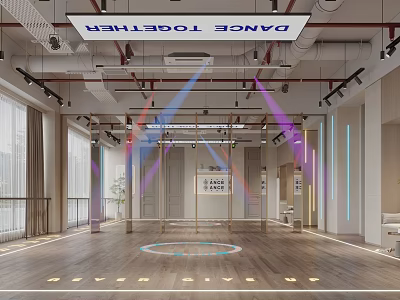 Spacious Dance Together Fitness Studio With Wooden Floor And Modern Lighting For Workout Classes 3d model