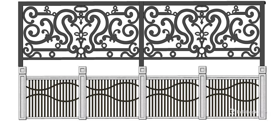 Decorative Wrought Iron Fence With Ornate Scroll Patterns And Modern Vertical Stripes 3d model 