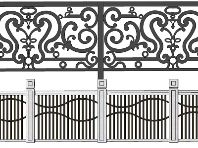 Decorative Wrought Iron Fence With Ornate Scroll Patterns And Modern Vertical Stripes 3d model