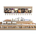 Modern Wooden Retail Display Shelf With Hanging Menu Boards And Food Items