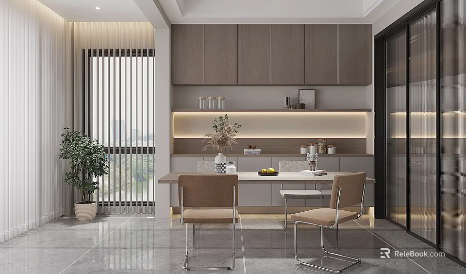 Modern Open Concept Restaurant Interior With Dining Table Chairs Cabinets And Potted Plant 3d model 