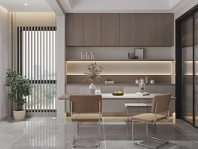 Modern Open Concept Restaurant Interior With Dining Table Chairs Cabinets And Potted Plant 3d model