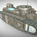 Vintage Military Tank with Dual Turrets Camouflage Paint Stripes Tracks and Insignia