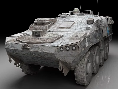 Modern Camouflage Armored Vehicle Featuring Multi Wheeled Exterior And Roof Gear 3d model