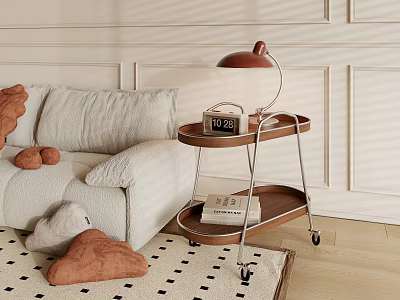 Two Tier Wooden Side Table with Wheels Lamp Alarm Clock Next to Sofa 3d model