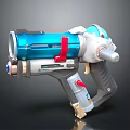 Futuristic Weapon With Blue White Body Red Accents And Metallic Components
