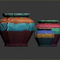 Three Colorful Cracked Ceramic Sculptures Vibrant Pottery Vessels With Gold Coin Details Inside