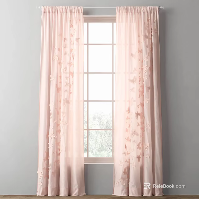 Light Filtering Sheer Pink Curtains With Butterfly Embroidery For Window Decoration 3d model 
