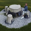 Stone Outdoor Table With Large Tree Grass Area And Waterfront Relaxing Seating 3d model