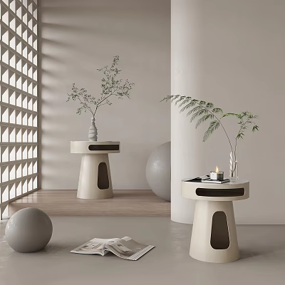 Modern Minimalist Side Table With Ceramic Base And Green Plants In Living Space 3d model
