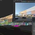 Modern Commercial Complex with Glass Curtain Wall Golden Brown Facade and Large Screen Vehicles Pedestrians