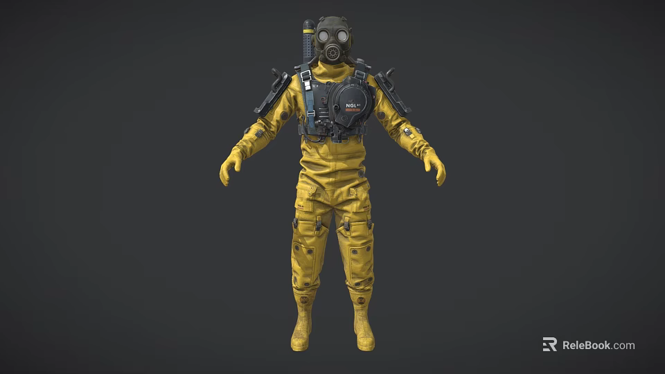 Game Movie Character In Yellow Protective Suit With Gas Mask And Backpack Gear 3d model 