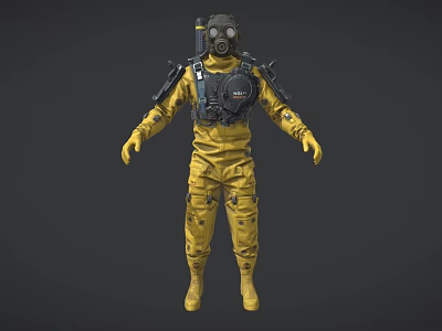 Game Movie Character In Yellow Protective Suit With Gas Mask And Backpack Gear 3d model