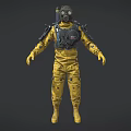 Game Movie Character In Yellow Protective Suit With Gas Mask And Backpack Gear