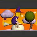 Colorful 3D Diorama Scene With Witch On Broomstick Green Tree Clouds And Stars