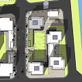Modern Commercial Street With Glass Buildings Pedestrians Cars Street Lamps And Greenery