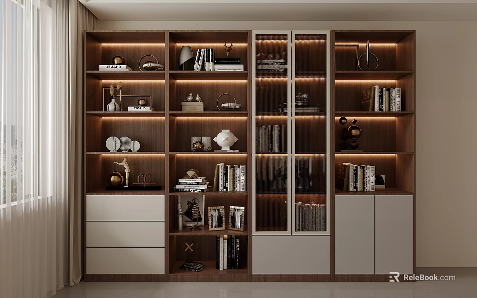 Modern Wooden Display Cabinet With Glass Doors And Shelves Showcasing Books Decorative Items And Lighting 3d model 