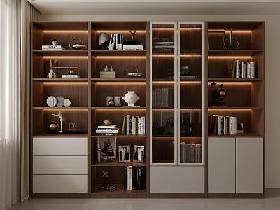 Modern Wooden Display Cabinet With Glass Doors And Shelves Showcasing Books Decorative Items And Lighting 3d model