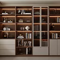 Modern Wooden Display Cabinet With Glass Doors And Shelves Showcasing Books Decorative Items And Lighting