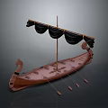 Ancient Wooden Watercraft with Black Sails Carved Figurehead and Multiple Oars